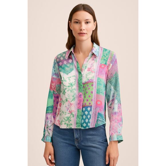 Zara Tops - ZARA Patchwork Floral Button Blouse Satin Sheer Long Sleeve Colorful S